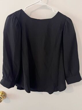 Tahari Silky Black Button Back Blouse Smocked 3/4 Length Sleeves Large NWOT